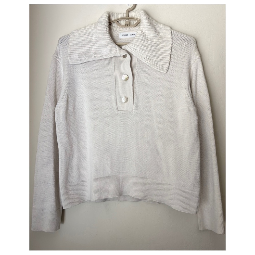 Samsøe Samsøe Hailey Cotton and Wool Polo Sweater in Antique White Size Small